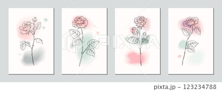 Outline rose. Line art flower, blossom abstract icon or minimalist simple hand drawn tattoo design. Vertical banner set. Decorative cards. Vector garden sketch isolated botanical illustration 123234788
