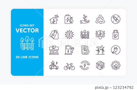Green energy icons. Eco line signs. Save water. Park trees. Renewable energy. City buildings. CO2 pollution in air. Recycle or environmental treatment. Vector ecology pictograms set 123234792