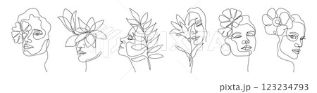 Line art woman. Abstract outline female face with flowers and tropical leaves, one girl black and white tattoo or logo design, fashion floral female sketch style vector silhouette isolated set 123234793