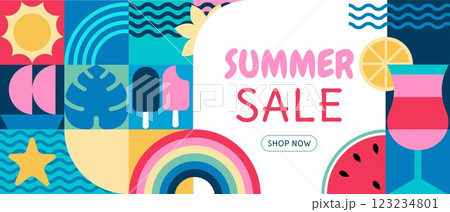 Summer pattern. Geometric fruit design, abstract orange juice, pineapple shape poster. Watermelon and ice cream, marine waves. Sale banner, tropical discount, special offer. Vector background 123234801