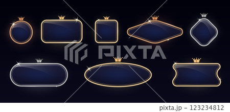 Gold frame. Black luxury badge or tag, 3d different geometric shape, premium golden metal, royal noble elegant glowing crown. Golden and silver decorative emblem. Vector banner template Gold frame. Black luxury badge or tag, 3d different geometric shape, premium golden metal, royal noble elegant glowing crown. Golden and silver decorative emblem. Vector banner template 123234812