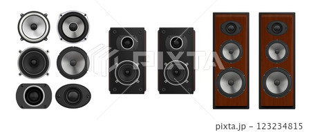 Sound speaker. 3D music box. Stereo system or audio loudspeaker for home theater. Boom loud acoustic. Disco electronic equipment. Woofer player. Vector isolated boombox elements set 123234815