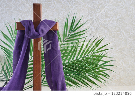 Cross with Purple Cloth and Palm Leaves Cross with Purple Cloth and Palm Leaves 123234856