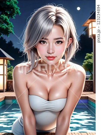 温泉を楽しむ若い女性　[AI生成画像] 123234894