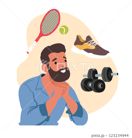 Pensive man cartoon character making choice deciding between bodybuilding and tennis sport training Pensive man cartoon character making choice deciding between bodybuilding and tennis sport training 123234944