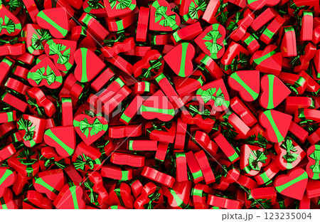 Heart Shaped Gift Boxes background, wallpaper. 3D rendering 123235004