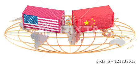 The US and China trade and tariffs agreement concept. Cargo containers with American and Chinese flags on the Earth map. 3d rendering The US and China trade and tariffs agreement concept. Cargo containers with American and Chinese flags on the Earth map. 3d rendering 123235013