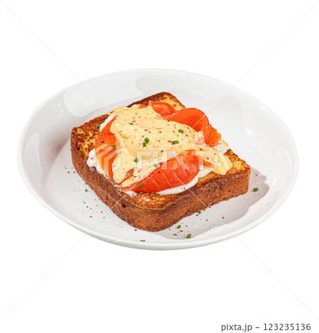 Brioche breakfast toast with egg and salmon 123235136