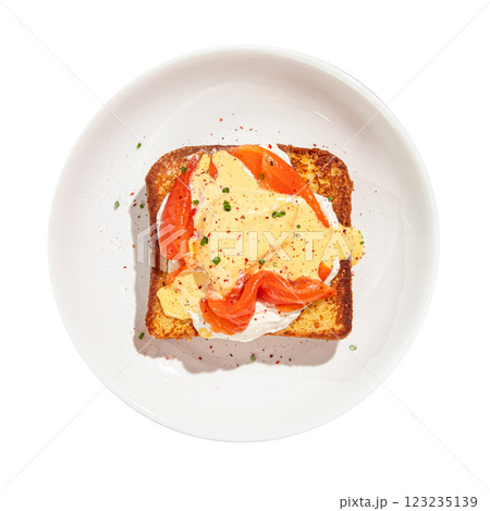 Brioche breakfast toast with egg and salmon Brioche breakfast toast with egg and salmon 123235139