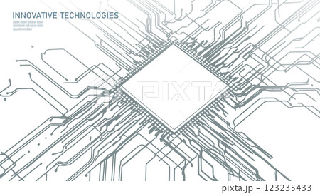 Microchip circuit board illustration. Thin electronic lines connect to the central processor. Technology, computing, and innovation concept. Minimalist digital line art on white background 123235433