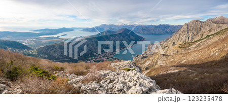 Panoramic view of Kotor Bay Boca and mountains from mountain view point in Montenegro in winter time Panoramic view of Kotor Bay Boca and mountains from mountain view point in Montenegro in winter time 123235478