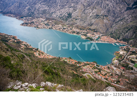 Panoramic view of Kotor town and Bay Boca from mountain view point in Montenegro in winter time 123235485