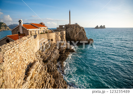 View of the ancient fort on the rocks in Petrovac, Montenegro in winter time View of the ancient fort on the rocks in Petrovac, Montenegro in winter time 123235489