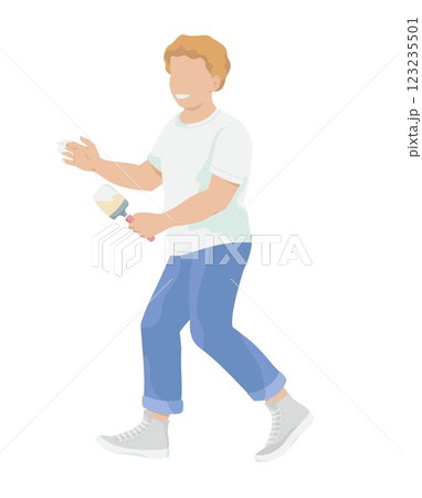 Boy with brush for whitewashing apple tree. Boy with brush for whitewashing apple tree. 123235501