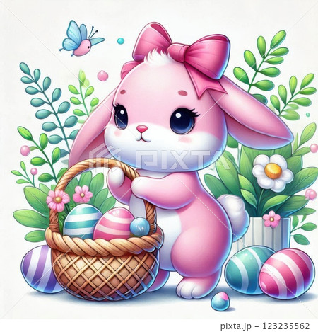 A pink Easter bunny holding a basket filled with colorful Easter eggs and flowers, symbolizing a festive spring celebration A pink Easter bunny holding a basket filled with colorful Easter eggs and flowers, symbolizing a festive spring celebration 123235562