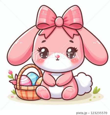 A pink Easter bunny holding a basket filled with colorful Easter eggs and flowers, symbolizing a festive spring celebration 123235570