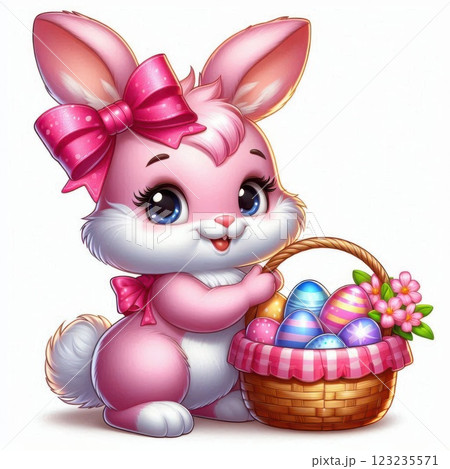 A pink Easter bunny holding a basket filled with colorful Easter eggs and flowers, symbolizing a festive spring celebration 123235571