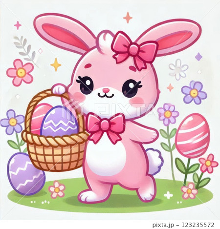 A pink Easter bunny holding a basket filled with colorful Easter eggs and flowers, symbolizing a festive spring celebration 123235572