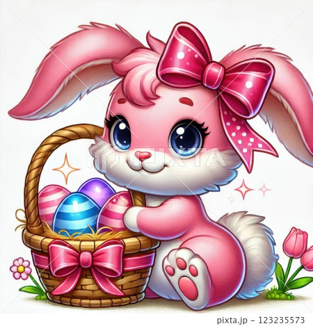 A pink Easter bunny holding a basket filled with colorful Easter eggs and flowers, symbolizing a festive spring celebration 123235573