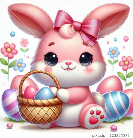 A pink Easter bunny holding a basket filled with colorful Easter eggs and flowers, symbolizing a festive spring celebration 123235575
