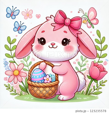 A pink Easter bunny holding a basket filled with colorful Easter eggs and flowers, symbolizing a festive spring celebration 123235578