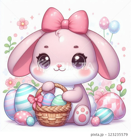 A pink Easter bunny holding a basket filled with colorful Easter eggs and flowers, symbolizing a festive spring celebration 123235579