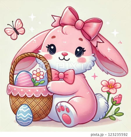 A pink Easter bunny holding a basket filled with colorful Easter eggs and flowers, symbolizing a festive spring celebration 123235592