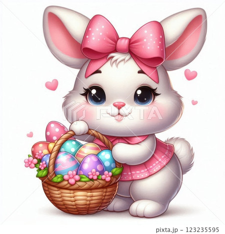 A pink Easter bunny holding a basket filled with colorful Easter eggs and flowers, symbolizing a festive spring celebration 123235595