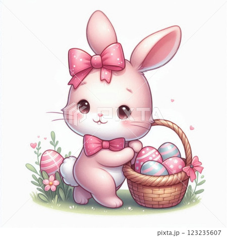 A pink Easter bunny holding a basket filled with colorful Easter eggs and flowers, symbolizing a festive spring celebration 123235607