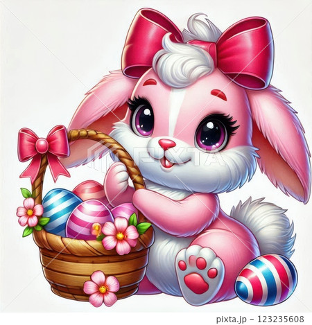 A pink Easter bunny holding a basket filled with colorful Easter eggs and flowers, symbolizing a festive spring celebration 123235608