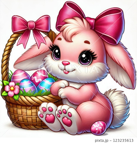 A pink Easter bunny holding a basket filled with colorful Easter eggs and flowers, symbolizing a festive spring celebration A pink Easter bunny holding a basket filled with colorful Easter eggs and flowers, symbolizing a festive spring celebration 123235613