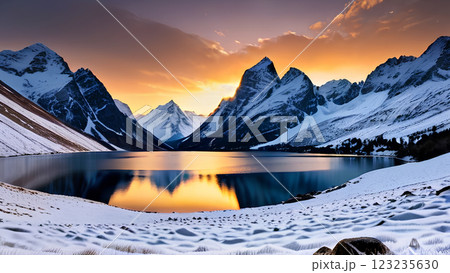壮大な雪山と湖の絶景 123235630