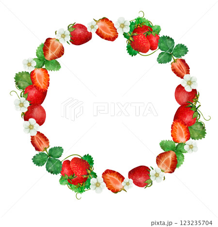A beautiful Strawberry Wreath adorned with colorful Flowers and Leaves, creating an elegant design 123235704