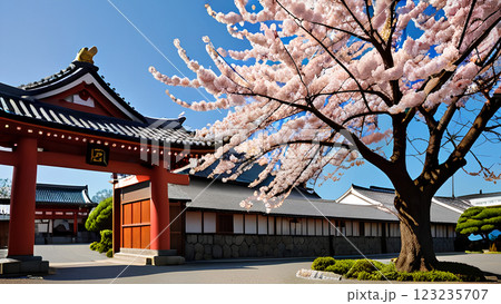 桜咲く寺院と青空の絶景 123235707