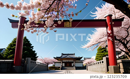 桜咲く寺院と青空の絶景 123235709