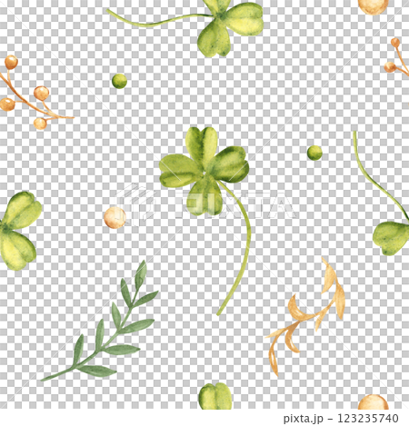 Seamless Pattern with Clover, Shamrock and green and Golden Branches and Bubbles. Watercolor hand drawn illustration isolated on a white background. For St. Patricks day designs, fabric, textile Seamless Pattern with Clover, Shamrock and green and Golden Branches and Bubbles. Watercolor hand drawn illustration isolated on a white background. For St. Patricks day designs, fabric, textile 123235740