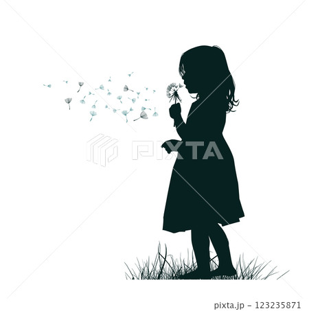 Girl blowing dandelion. hand drawn. Not AI, Vector illustration 123235871