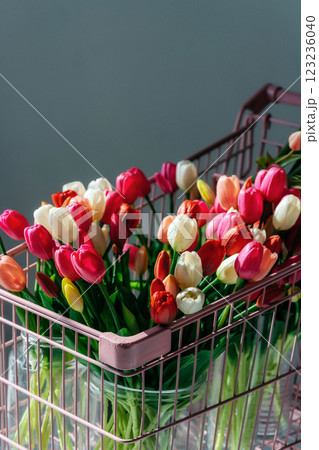 tulips in a pink supermarket trolley on a light background. bouquet of tulip buds in an iron basket tulips in a pink supermarket trolley on a light background. bouquet of tulip buds in an iron basket 123236040