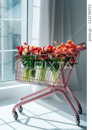 tulips in a pink supermarket trolley on a light background. bouquet of tulip buds in an iron basket 123236052