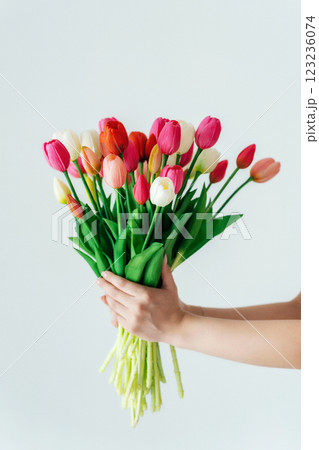 girl with a bouquet of tulips in her hands on a light background. tulips given to a girl on March 8 girl with a bouquet of tulips in her hands on a light background. tulips given to a girl on March 8 123236074