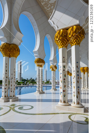 Sheikh Zayed Grand Mosque in Abu Dhabi made of white marble with flowers made of precious stones in design and beautiful reflections Sheikh Zayed Grand Mosque in Abu Dhabi made of white marble with flowers made of precious stones in design and beautiful reflections 123236169