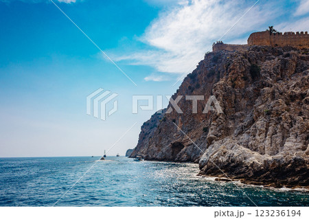 Panoramic view of blue sea and sky on Alanya coastline. Landscape view of Mediterranean coast, Alanya, Turkey. High quality photo Panoramic view of blue sea and sky on Alanya coastline. Landscape view of Mediterranean coast, Alanya, Turkey. High quality photo 123236194