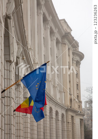 Romanian and EU flags in Bucharest. 123236263