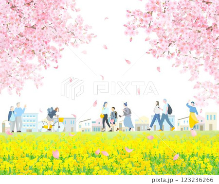 菜の花の咲く土手沿いを歩く人々ー全身ーお花見シーズンー桜舞い散る背景ベクターイラスト素材 菜の花の咲く土手沿いを歩く人々ー全身ーお花見シーズンー桜舞い散る背景ベクターイラスト素材 123236266