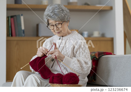 編み物をするシニア女性 123236674