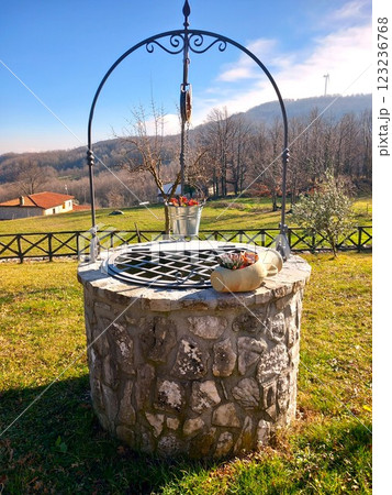 Beautiful well with flowers in the mountains 123236768