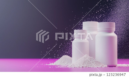 white bottles with protein and powder supplement vitamins scattered nearby, advertising mockup on purple background 123236947