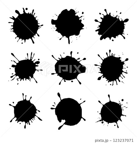 A set of black ink splashes with high contrast, ideal for artistic backgrounds, digital media, and creative design projects. 123237071