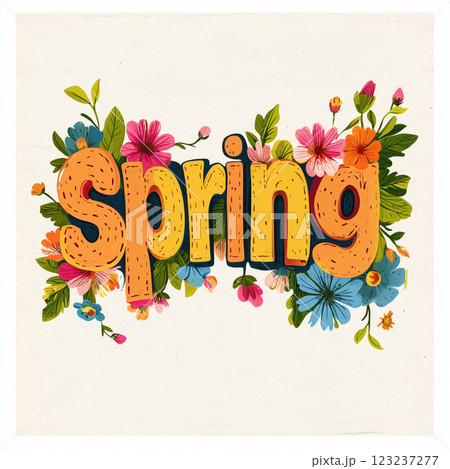 Spring-themed embroidery-style lettering surrounded by blooming flowers and green leaves. The stitched thread effect blends with natural elements AI generated 123237277