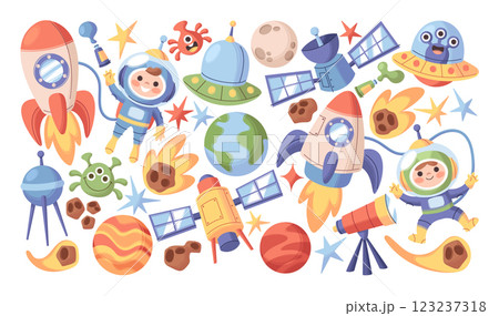 Cartoon space elements set with children astronaut, galaxy stars, planets, cosmic alien creature 123237318